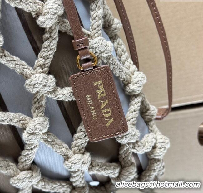 Top Design Prada Noue medium cotton macramé bucket bag 1BC111 Cord/Camel Beige 2025