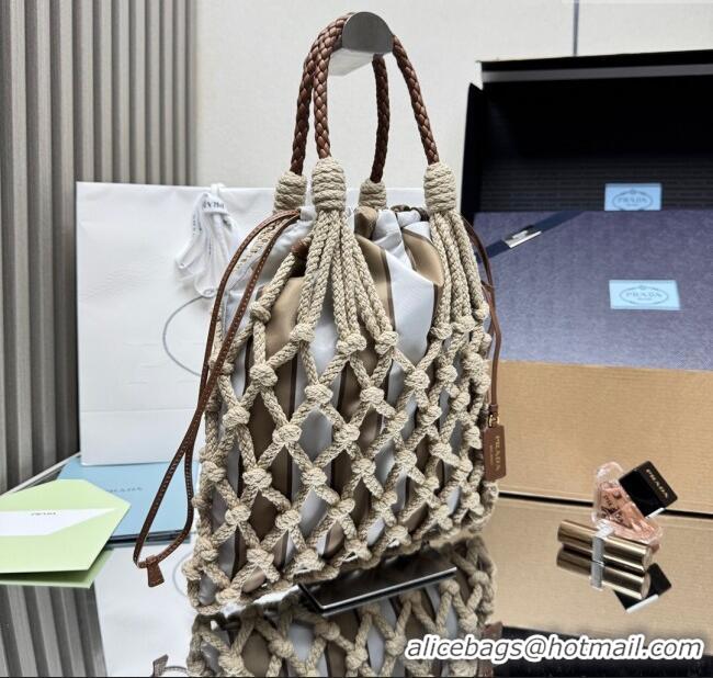 Top Design Prada Noue medium cotton macramé bucket bag 1BC111 Cord/Camel Beige 2025