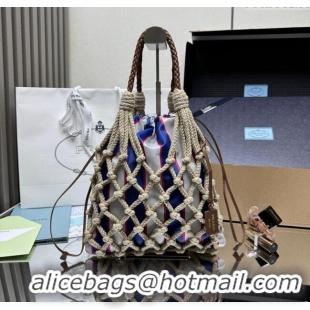 Good Taste Prada Noue medium cotton macramé bucket bag 1BC111 Cord/Royal Blue 2025