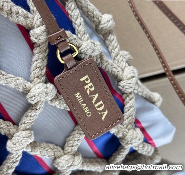 Good Taste Prada Noue medium cotton macramé bucket bag 1BC111 Cord/Royal Blue 2025