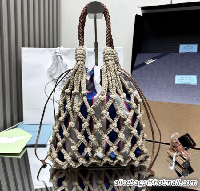 Good Taste Prada Noue medium cotton macramé bucket bag 1BC111 Cord/Royal Blue 2025
