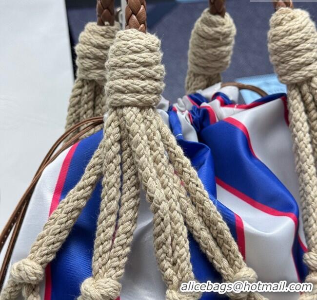 Good Taste Prada Noue medium cotton macramé bucket bag 1BC111 Cord/Royal Blue 2025