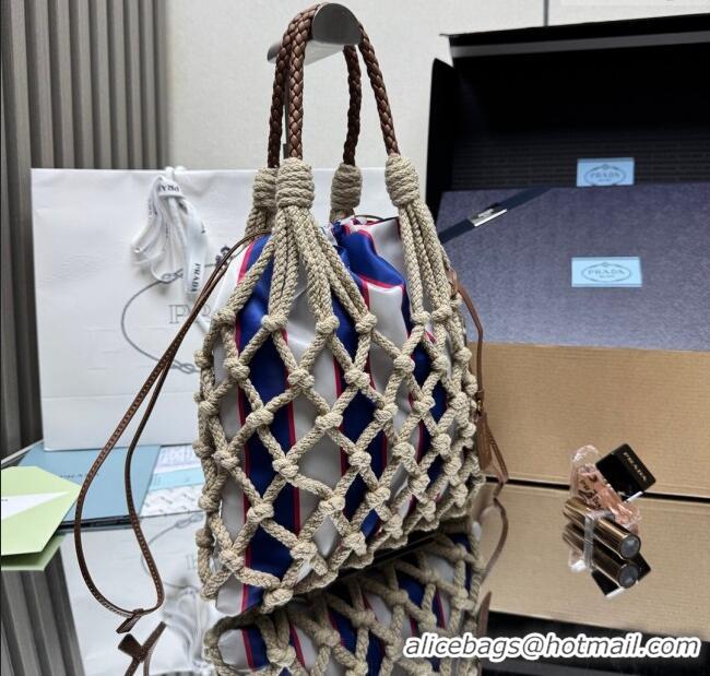 Good Taste Prada Noue medium cotton macramé bucket bag 1BC111 Cord/Royal Blue 2025
