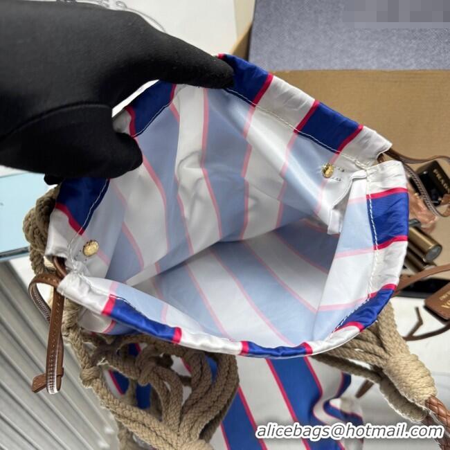Good Taste Prada Noue medium cotton macramé bucket bag 1BC111 Cord/Royal Blue 2025