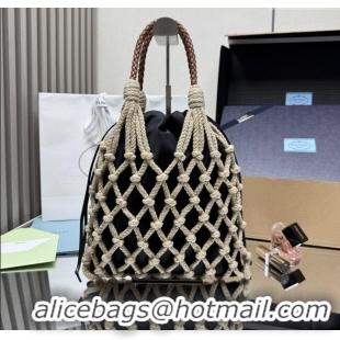 Famous Brand Prada Noue medium cotton macramé bucket bag 1BC111 Cord/Black 2025
