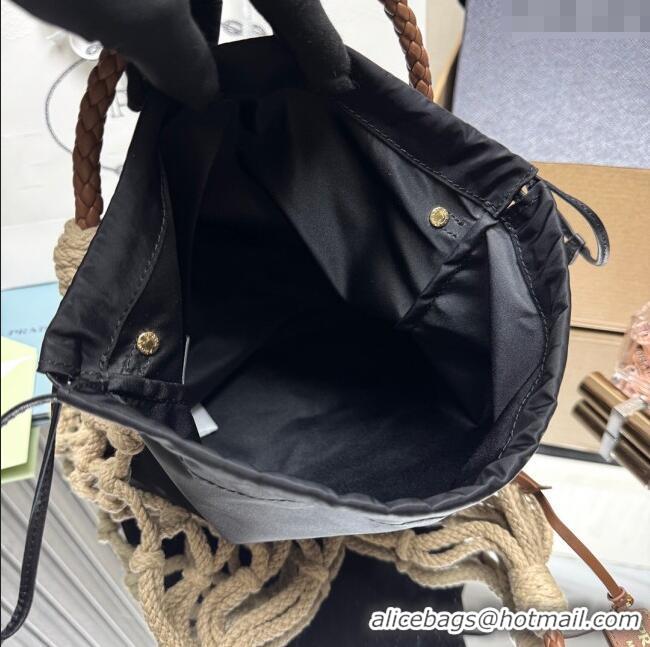 Famous Brand Prada Noue medium cotton macramé bucket bag 1BC111 Cord/Black 2025
