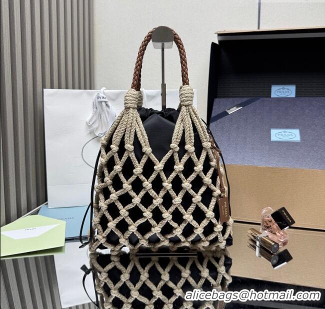 Famous Brand Prada Noue medium cotton macramé bucket bag 1BC111 Cord/Black 2025