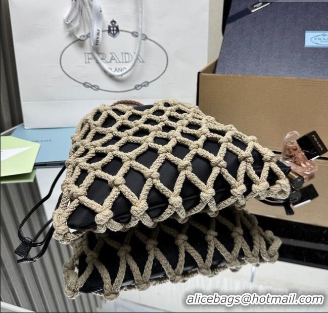 Famous Brand Prada Noue medium cotton macramé bucket bag 1BC111 Cord/Black 2025