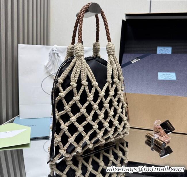Famous Brand Prada Noue medium cotton macramé bucket bag 1BC111 Cord/Black 2025