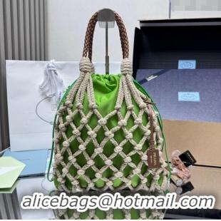 Grade Quality Prada Noue medium cotton macramé bucket bag 1BC111 Cord/Green 2025