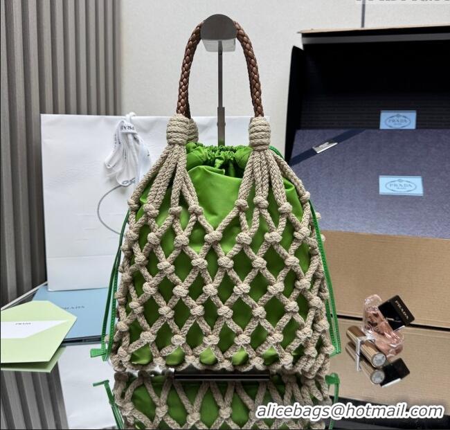 Grade Quality Prada Noue medium cotton macramé bucket bag 1BC111 Cord/Green 2025