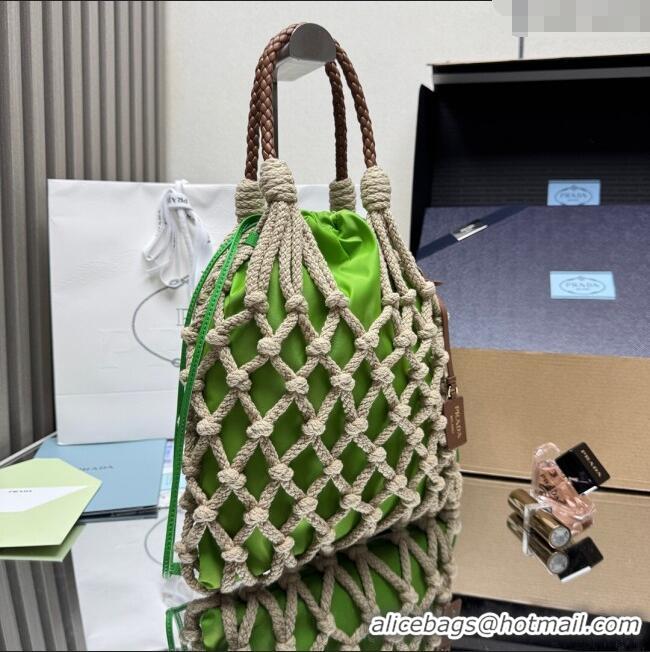 Grade Quality Prada Noue medium cotton macramé bucket bag 1BC111 Cord/Green 2025