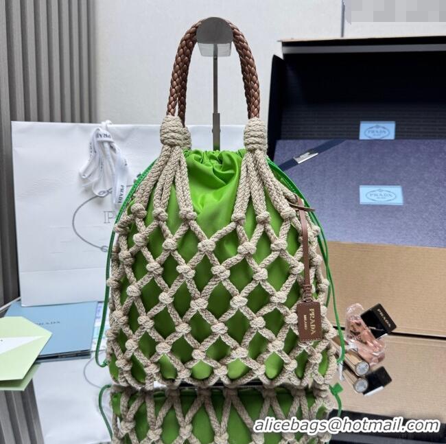 Grade Quality Prada Noue medium cotton macramé bucket bag 1BC111 Cord/Green 2025