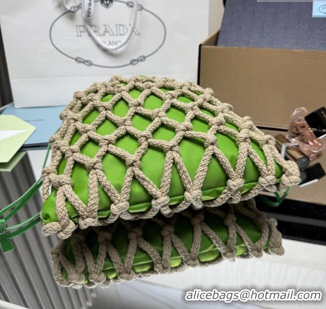 Grade Quality Prada Noue medium cotton macramé bucket bag 1BC111 Cord/Green 2025