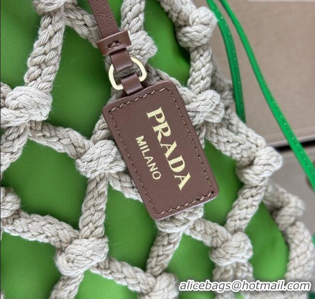 Grade Quality Prada Noue medium cotton macramé bucket bag 1BC111 Cord/Green 2025