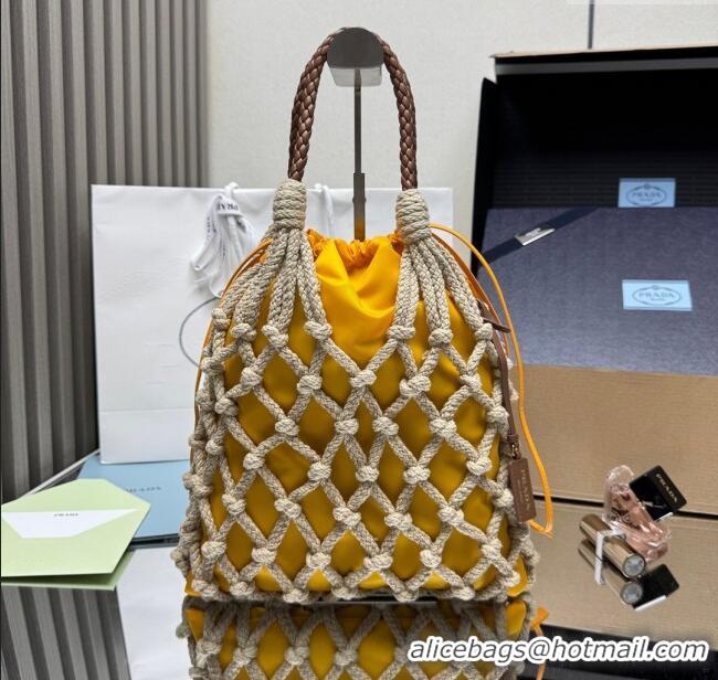 Grade Quality Prada Noue medium cotton macramé bucket bag 1BC111 Cord/Yellow 2025