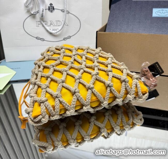 Grade Quality Prada Noue medium cotton macramé bucket bag 1BC111 Cord/Yellow 2025