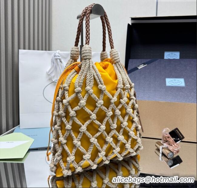 Grade Quality Prada Noue medium cotton macramé bucket bag 1BC111 Cord/Yellow 2025