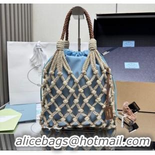 Top Design Prada Noue medium cotton macramé bucket bag 1BC111 Cord/Light Blue 2025