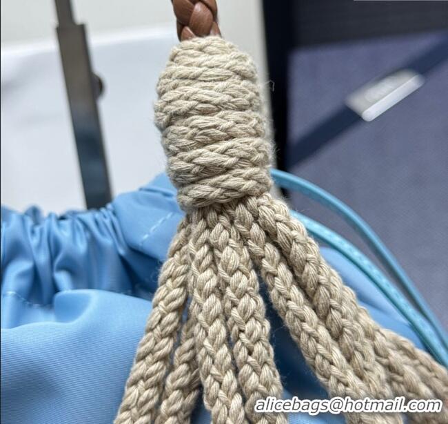 Top Design Prada Noue medium cotton macramé bucket bag 1BC111 Cord/Light Blue 2025