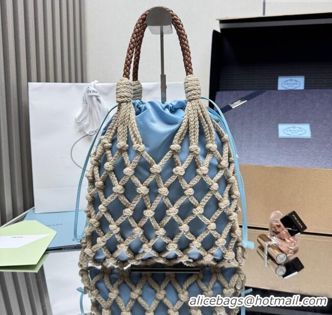 Top Design Prada Noue medium cotton macramé bucket bag 1BC111 Cord/Light Blue 2025
