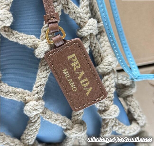 Top Design Prada Noue medium cotton macramé bucket bag 1BC111 Cord/Light Blue 2025