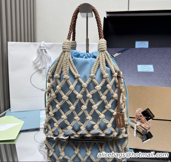 Top Design Prada Noue medium cotton macramé bucket bag 1BC111 Cord/Light Blue 2025