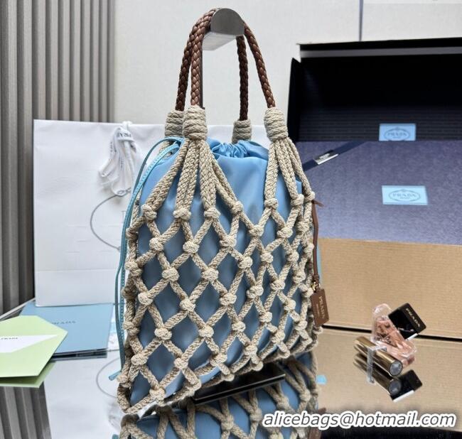 Top Design Prada Noue medium cotton macramé bucket bag 1BC111 Cord/Light Blue 2025