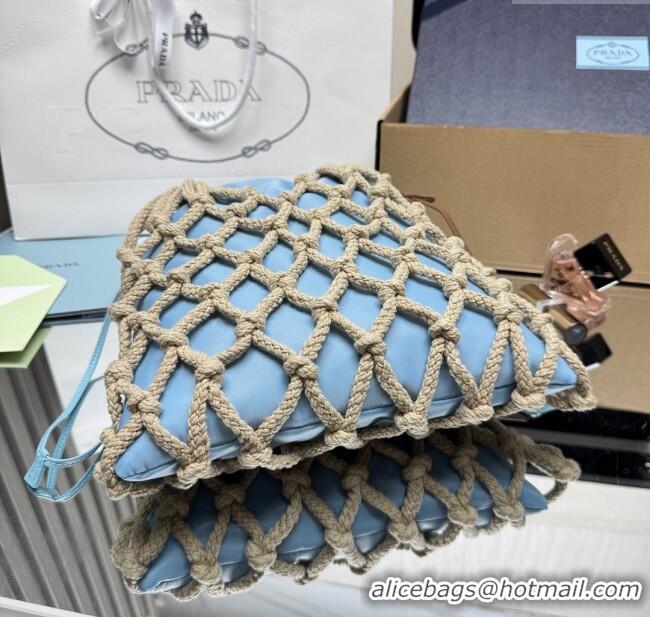 Top Design Prada Noue medium cotton macramé bucket bag 1BC111 Cord/Light Blue 2025