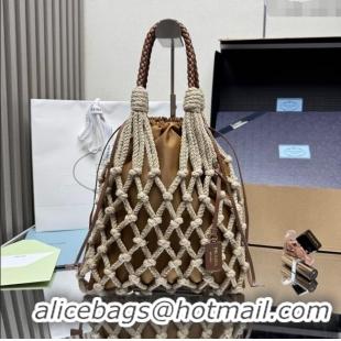 Best Price Prada Noue medium cotton macrame bucket bag 1BC111 Cord/Brandy Brown 2025