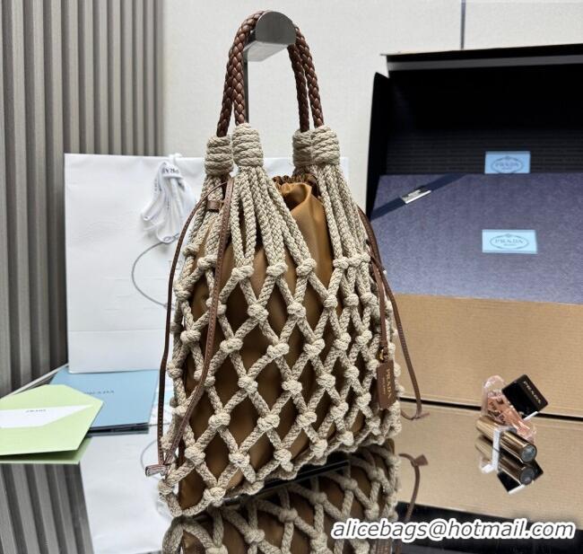 Best Price Prada Noue medium cotton macrame bucket bag 1BC111 Cord/Brandy Brown 2025