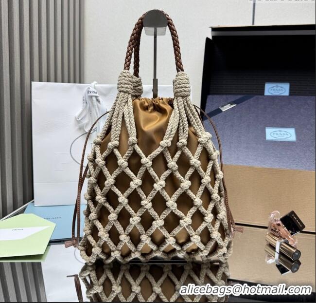 Best Price Prada Noue medium cotton macrame bucket bag 1BC111 Cord/Brandy Brown 2025