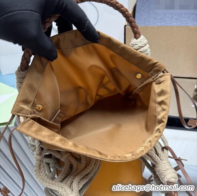 Best Price Prada Noue medium cotton macrame bucket bag 1BC111 Cord/Brandy Brown 2025