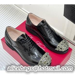 Sumptuous Roger Vivier Patent Leather Lace-up Shoes with Strass Toe Black 50429001