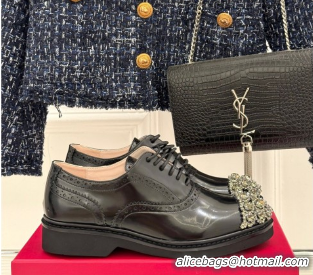 Sumptuous Roger Vivier Patent Leather Lace-up Shoes with Strass Toe Black 50429001
