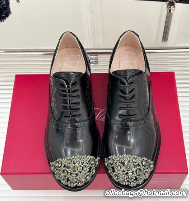 Sumptuous Roger Vivier Patent Leather Lace-up Shoes with Strass Toe Black 50429001
