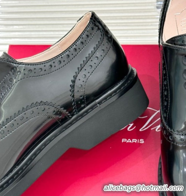 Sumptuous Roger Vivier Patent Leather Lace-up Shoes with Strass Toe Black 50429001