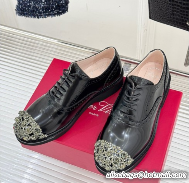 Sumptuous Roger Vivier Patent Leather Lace-up Shoes with Strass Toe Black 50429001