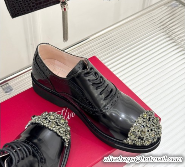 Sumptuous Roger Vivier Patent Leather Lace-up Shoes with Strass Toe Black 50429001
