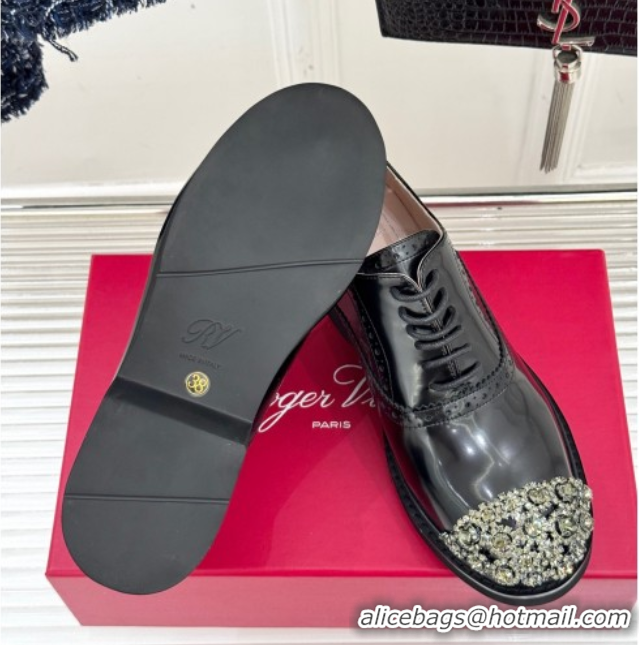 Sumptuous Roger Vivier Patent Leather Lace-up Shoes with Strass Toe Black 50429001
