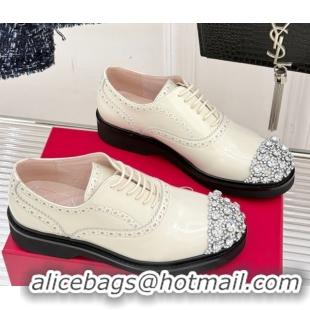 Stylish Roger Vivier Patent Leather Lace-up Shoes with Strass Toe White 50429002