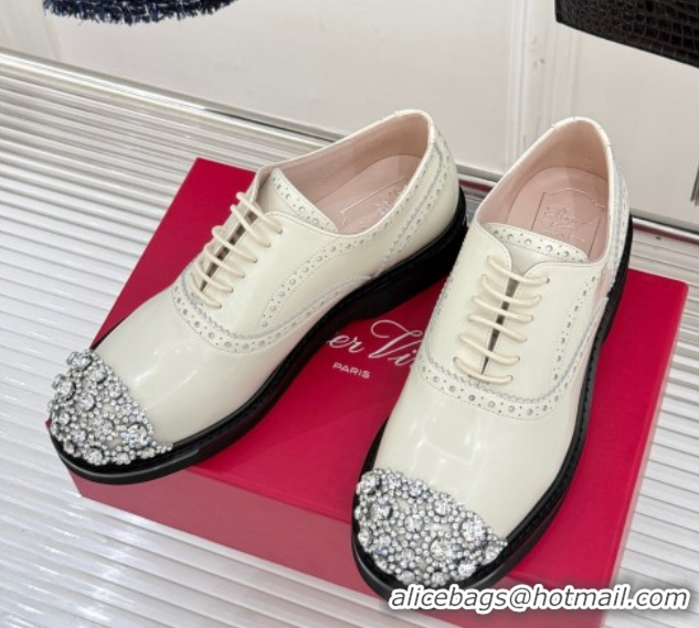 Stylish Roger Vivier Patent Leather Lace-up Shoes with Strass Toe White 50429002