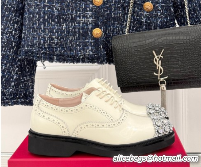 Stylish Roger Vivier Patent Leather Lace-up Shoes with Strass Toe White 50429002