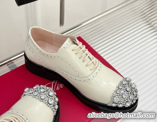 Stylish Roger Vivier Patent Leather Lace-up Shoes with Strass Toe White 50429002