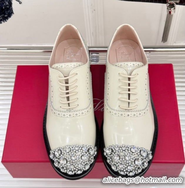 Stylish Roger Vivier Patent Leather Lace-up Shoes with Strass Toe White 50429002