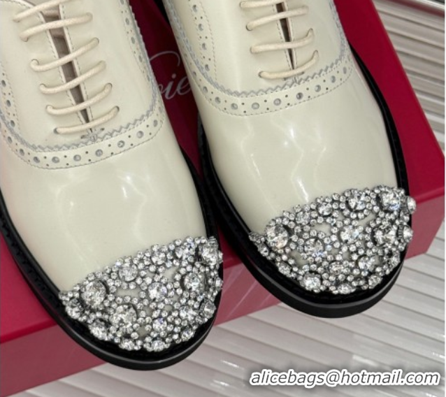 Stylish Roger Vivier Patent Leather Lace-up Shoes with Strass Toe White 50429002