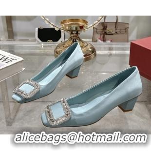 Luxurious Roger Vivier Belle Vivier Pumps in Satin with Crystal Buckle 4.5cm Heel Light Blue 5073114
