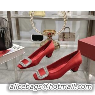 Best Grade Roger Vivier Belle Vivier Pumps in Satin with Crystal Buckle 4.5cm Heel Red 5073115