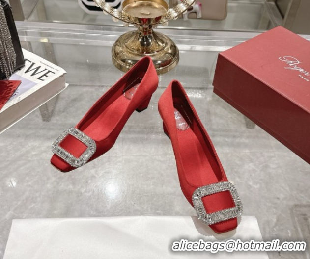 Best Grade Roger Vivier Belle Vivier Pumps in Satin with Crystal Buckle 4.5cm Heel Red 5073115
