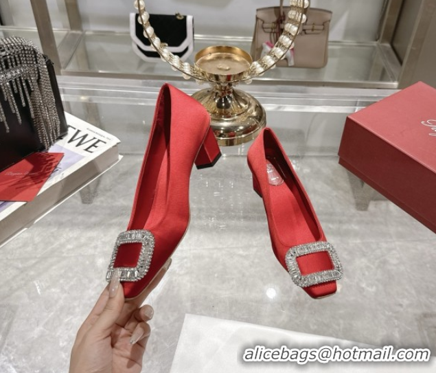 Best Grade Roger Vivier Belle Vivier Pumps in Satin with Crystal Buckle 4.5cm Heel Red 5073115